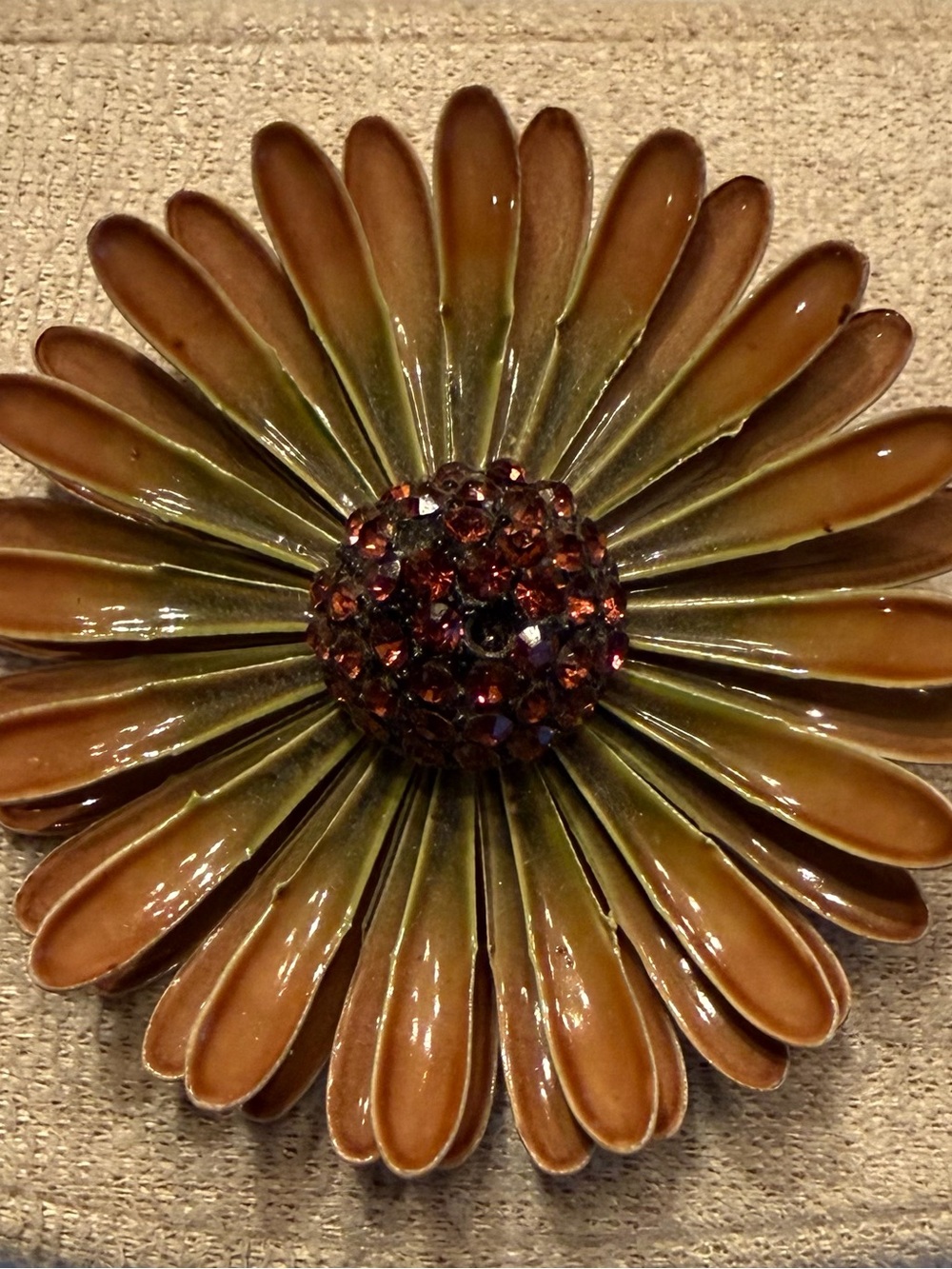 Vintage Enamel Daisy Brooch with Amber Crystal Center
